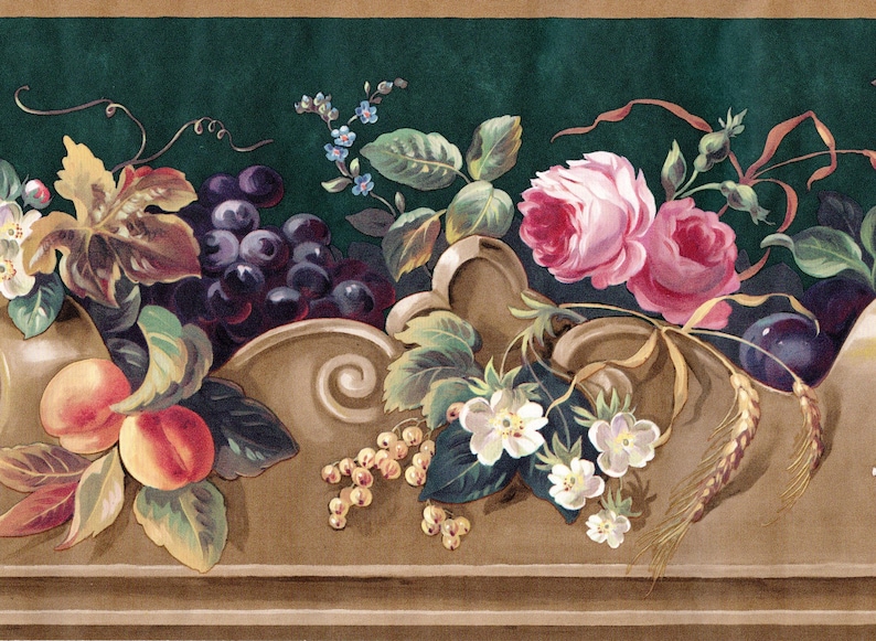 Cenefa de papel pintado vintage con frutas y flores de 9,5 pulgadas, diseño de vid rosa con motivos arquitectónicos para cocina o comedor, preencolada. imagen 1