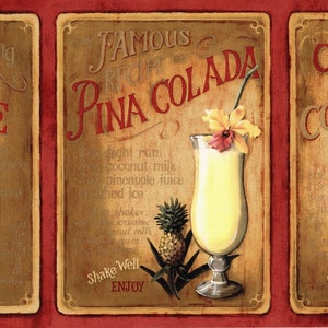 Cocktail Drink Recipes Wallpaper Border, Authentic Tequila Margarita Pina Colada Sunrise Cocktail Drinks Recipe Kitchen Bar Wallpaper Border