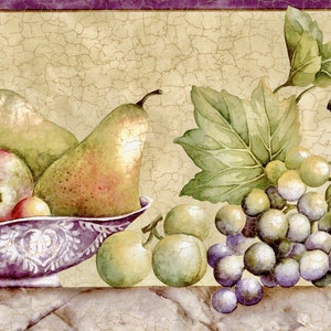 May include: A purple bowl filled with pears, apples, and cherries, with grapes and figs on a marble surface. The bowl has a floral design and the background is a light beige with a purple border.