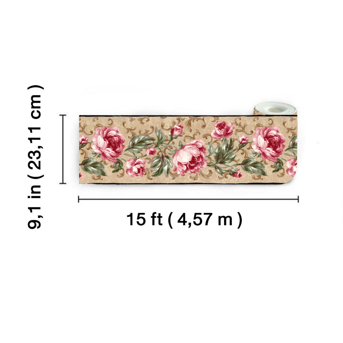 Cabbage Roses With Scroll Wallpaper Border - Cottage Floral, Black ...