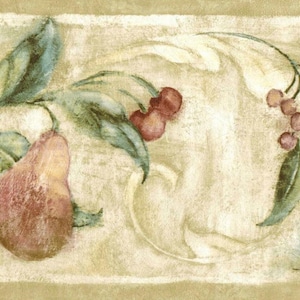 Aquarell verschiedene Früchte und Blätter Tapete Bordüre | Vorgeklebte Tapetenbordüre | 4 m x 18 cm