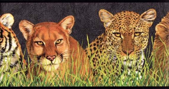 Nature Wilderness Wald Gepard Tiger Löwe Wildtier King of the Jungle  Tapetenbordüre, vorgeklebte Tapete, Größe: 4 m x 24 cm. | Kunstdrucke