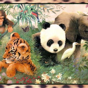 May include: A colorful jungle scene with a panda bear, a tiger cub, a chimpanzee, an elephant, and a zebra. The animals are surrounded by lush green foliage and flowers.
