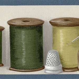 Sewing Thread Spools Wallpaper Border, Sewing Thread Spool Bobbin Thimble Blue Wallpaper Border, Laundry Room Border,Sewing Room Wall Border