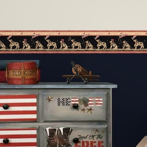 Patriotic Puppy Parade with American Flag Wallpaper Border, Americana Dogs Wallpaper Border, Pre-pasted, 15 ft x 9 in.