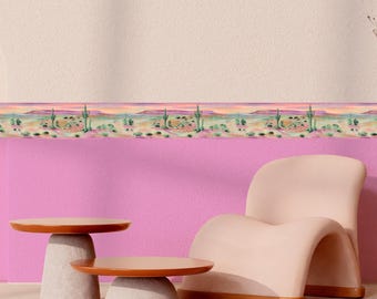 Cactus Painted Desert Landscape Wallpaper Border | Sunset Mountain Southwest Wall Decor