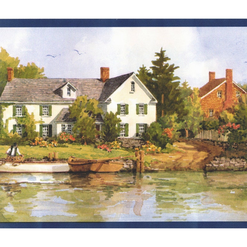 May include: A watercolor painting of a white house with green shutters and a red brick house in the background. The houses are surrounded by trees and flowers, and there is a river in the foreground with a boat docked on the shore.