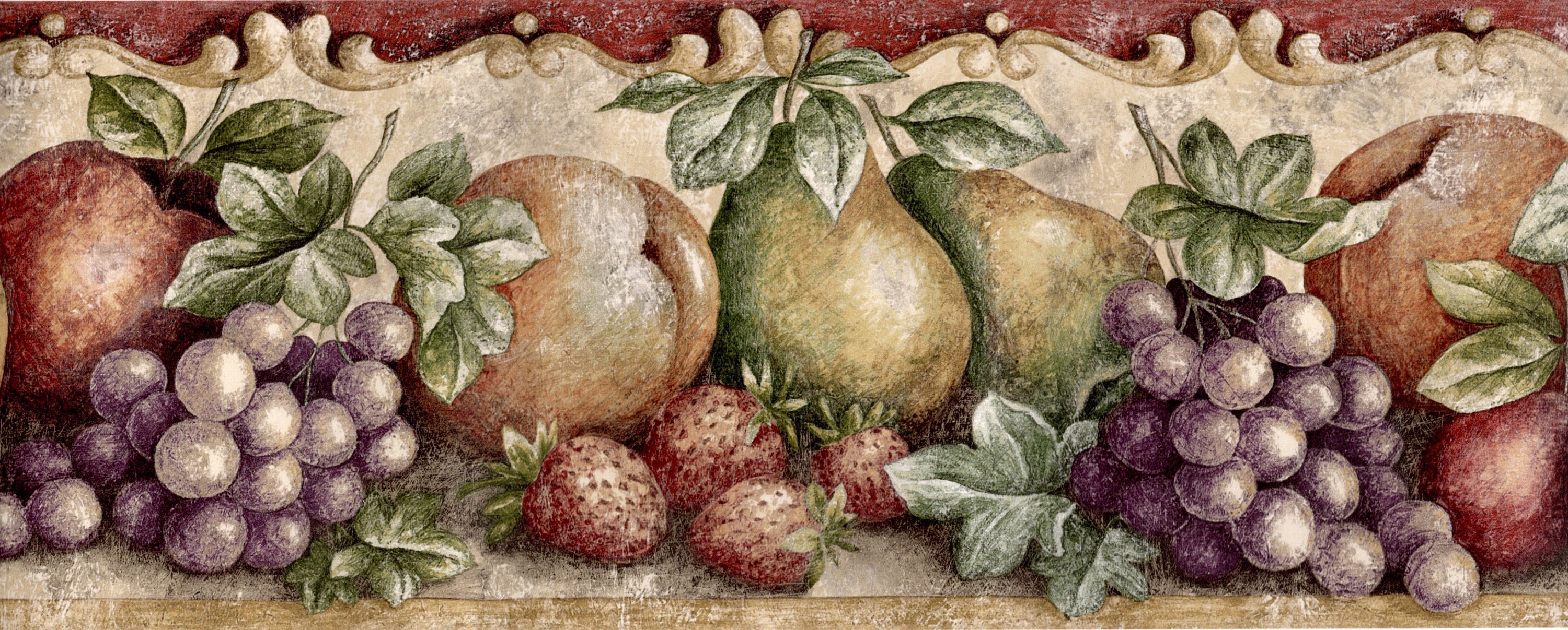Vintage Bountiful of Fruits Apple Grapes Vine Scroll Leaf Tuscan Tuscany Country Kitchen Wallpaper Border, Prepasted, 15'x7"