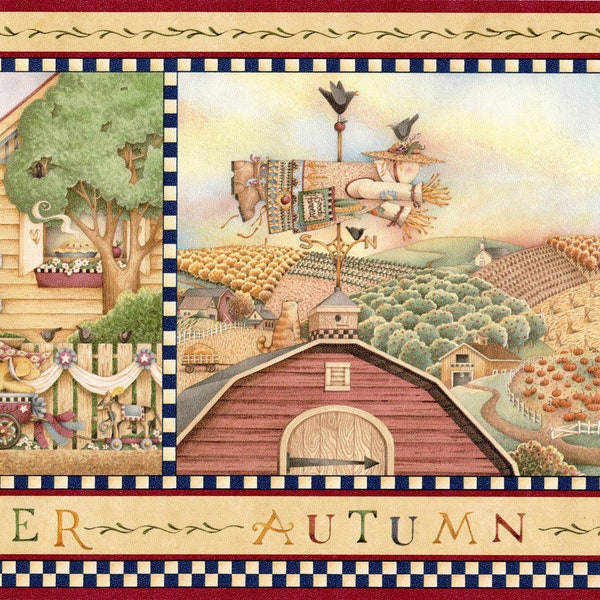 Debbie Mumm Four Seasons Wallpaper Border, Primitive Folk Art Debbie Mumm Americana Birdhouses Sunflower Country Farmhouse Wallpaper Border