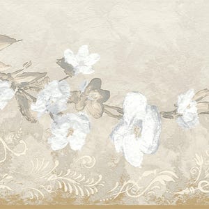 May include: A floral design featuring white flowers on a brown branch against a beige background. The image has a textured appearance with decorative scrollwork at the bottom. The color palette includes beige, brown, and white.