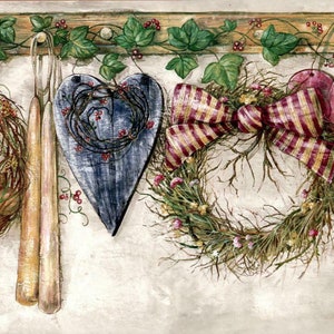 Primitive Country Wallpaper Border, Homey Wreathes Dolls Heart ...