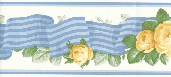 Yellow Roses Bouquet on Sky Blue Stripe Ribbon Floral Leaf Rose Wallpaper Border