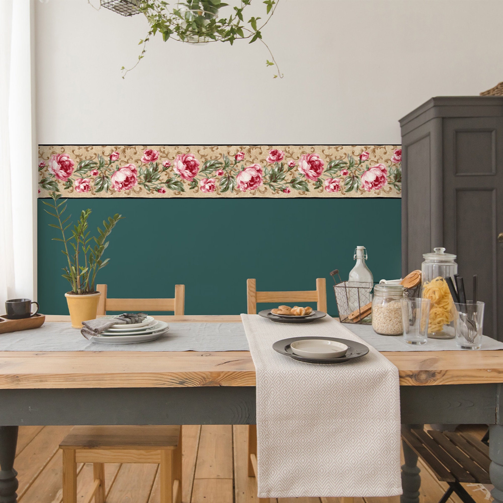Cabbage Roses With Scroll Wallpaper Border - Cottage Floral, Black ...