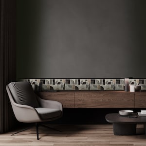 Bordo per carta da parati geometrica moderna di metà secolo / Nero, grigio, argento, marrone / Preincollato / 15' L x 6,8" W