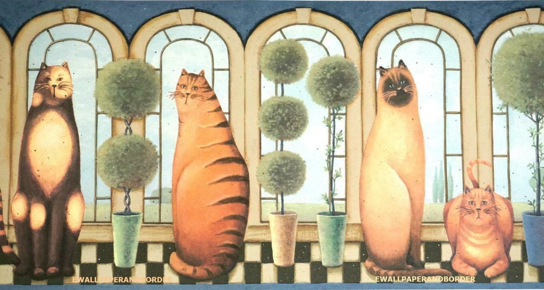 Country Cats Wallpaper Border, Cat Wallpaper Border, Whimsical Country