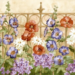 Flower Garden Botanical Wallpaper Border, Garden Gate Wall Border, Flower Garden Wrought Iron Picket Fence Red Mauve Floral Wallpaper Border