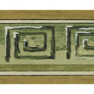 Architectural Greek Key Wallpaper Border - Green Greek Key with Silver Accent, Gold Trim, 15' L x 4.2" W