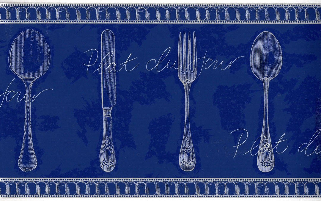 Kitchen Wallpaper Border, Katzenbach & Warren Silver Outline of Cutlery Set With French Plat Du