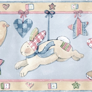 Bordo per carta da parati con animali mobili per bambini, giocattoli appesi Coniglietto, uccellino, orsacchiotto con bordo per carta da parati con lettere e numeri, bordo per parete con animali