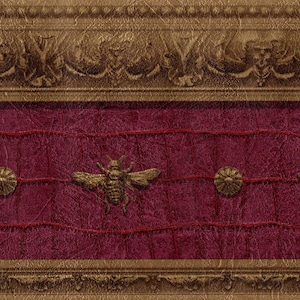 May include: A burgundy wallpaper border with a gold embossed design. The design features a repeating pattern of stylized bees and floral motifs.