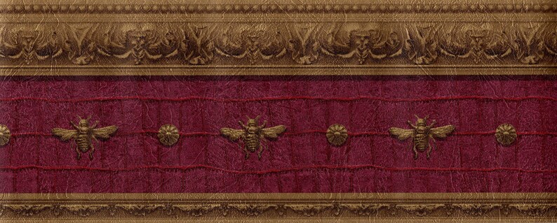 May include: A burgundy wallpaper border with a gold embossed design. The design features a repeating pattern of stylized bees and floral motifs.