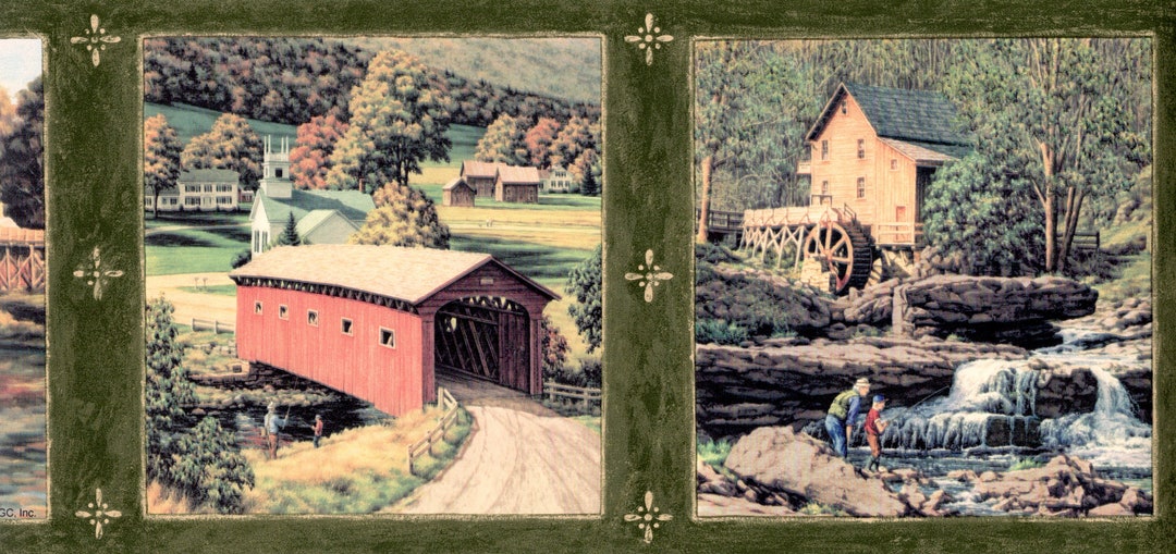 Country Log Farmhouse Lodge Outdoor Wallpaper Border, Farm Barn Country ...