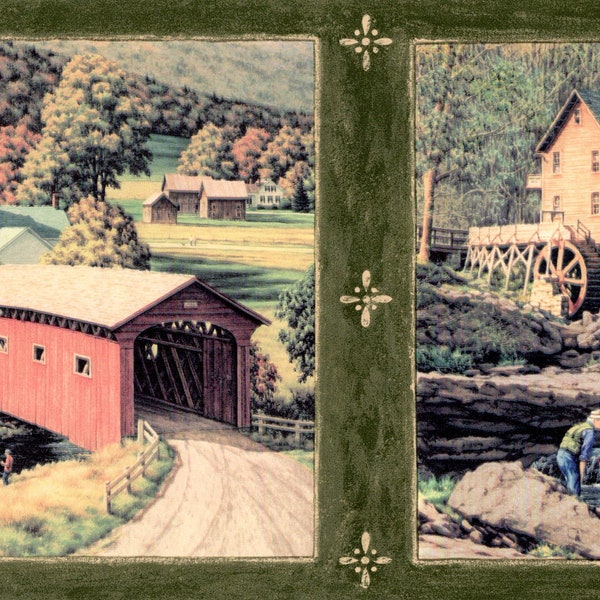 Country Log Farmhouse Lodge Outdoor Wallpaper Border, Farm Barn Country Wallpaper Border, Antique Water mills & Covered Bridge Wall Border