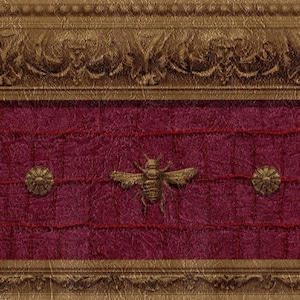 Close-up of the Raymond Waites Napoleonic Bee wallpaper border showing detailed faux leather texture and burnished gold embossed bee pattern.