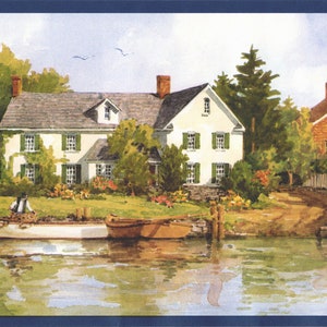 May include: A watercolor painting of a waterfront scene with two houses, a sailboat, and a rowboat. The houses are painted in shades of white and red, with green trees and bushes surrounding them. The water is a light blue, and the sky is a pale blue with white clouds.