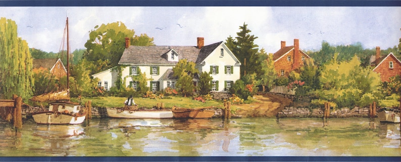 May include: A watercolor painting of a waterfront scene with two houses, a sailboat, and a rowboat. The houses are painted in shades of white and red, with green trees and bushes surrounding them. The water is a light blue, and the sky is a pale blue with white clouds.