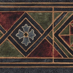 May include: A wallpaper border featuring a repeating geometric pattern with diamonds and triangles in deep red, forest green, and charcoal black. The design includes a central four-petaled floral motif and thin gold lines with a cracked texture.