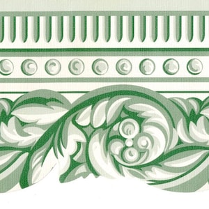 May include: A decorative border design in shades of green and white. The top section features vertical lines, followed by a row of circles. The bottom section showcases a repeating pattern of stylized leaves and swirls, creating an elegant, classic look.