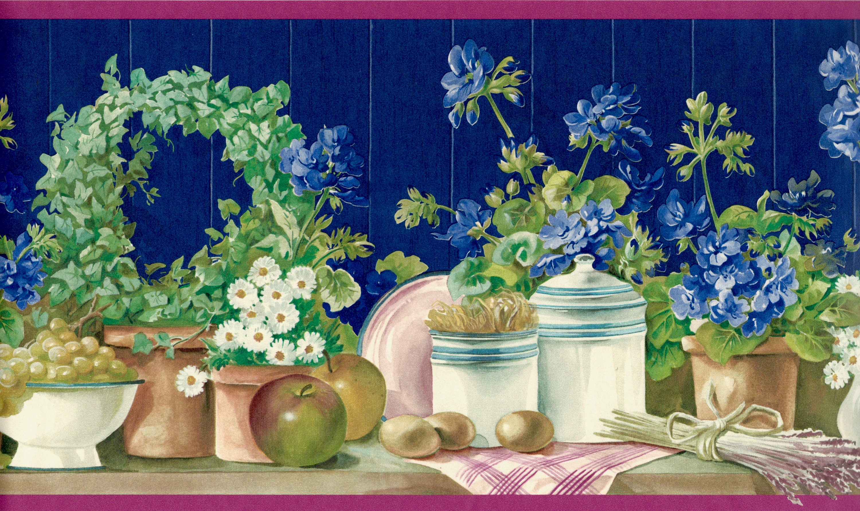 Country Kitchen Wallpaper Border Blue Flowers Green Leaf Etsy Australia