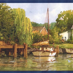 May include: A watercolor painting of a waterfront scene with a white house, a red house, a dock, and boats. The scene is set on a sunny day with blue skies and green trees.