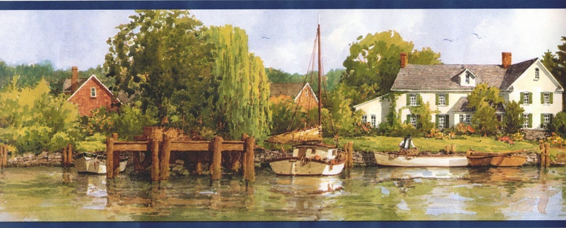 May include: A watercolor painting of a waterfront scene with a white house, a red house, a dock, and boats. The scene is set on a sunny day with blue skies and green trees.