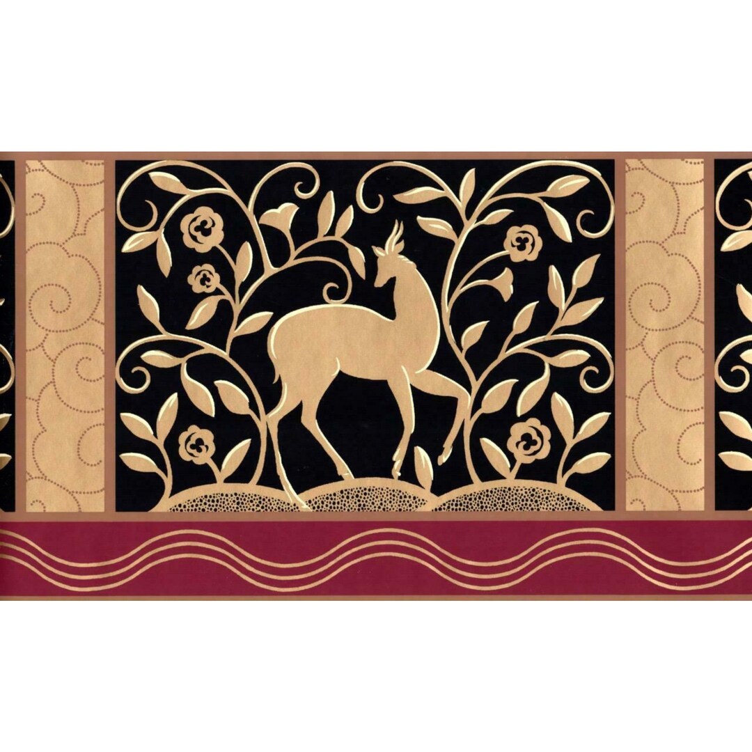 Art Deco Wallpaper Border, Metallic Black Gold Deer Scroll Leaf Motif