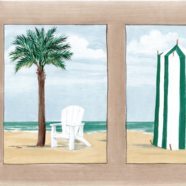Bordure de papier peint de scène de plage de plage de sable de mer nautique de palmier tropical de tente de plage, bordure de papier peint préencollée, taille : 15 pi x 10,25 po.