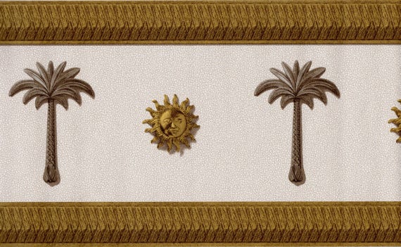 Textured Wallpaper Border,Embossed,Sun Medallion Art Deco Palm Tree,White Leather Looking,Gold Wall Decor Brown,Metallic Home Decor