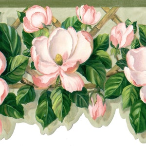 Ausgebogte rosa Blumen-Tapetenbordüre, Magnolien-Tapetenbordüre, vorgeklebt, 4 m L x 24 cm B