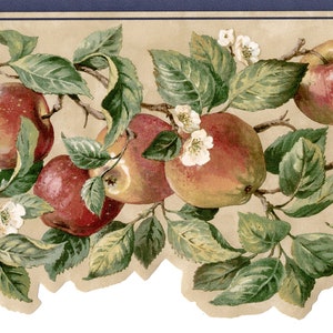Apfel-Tapeten-Bordüre, ausgebogter Blumenblatt-Apfel-Tapeten-Bordüre, Primitive Früchte Rot Apfelgrün Lassen Sie Landhaus-Tapeten-Grenze