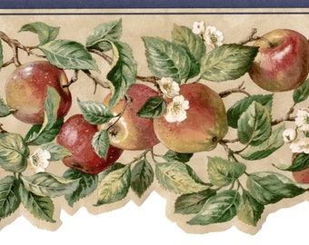 Apple Wallpaper Border, Scalloped Floral Leaf Apple Wallpaper Border,Primitive Fruits Red Apple Green Leave Country Kitchen Wallpaper Border