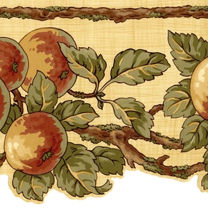 May include: A vintage-style wallpaper border featuring a repeating pattern of red and yellow apples with green leaves on a beige background. The apples are arranged on branches with a brown twig and moss detail.