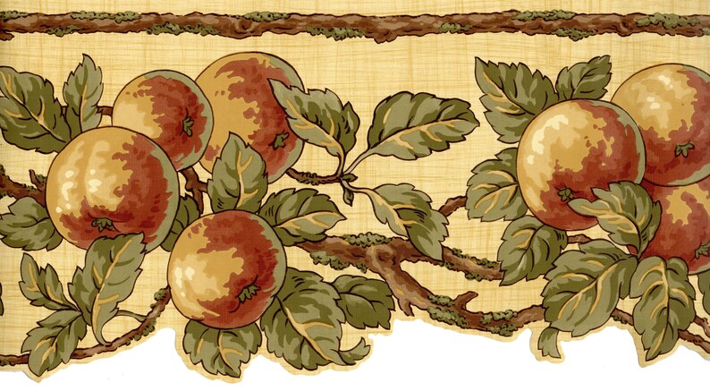 May include: A vintage-style wallpaper border featuring a repeating pattern of red and yellow apples with green leaves on a beige background. The apples are arranged on branches with a brown twig and moss detail.