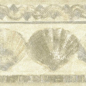May include: A beige wallpaper border with a repeating pattern of stylized seashells and a decorative floral design in a silver gray color.