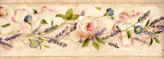 ROSES AND MORNING GLORIES ON  WHITE SCULPTURED-30 FT WALLPAPER BORDER 