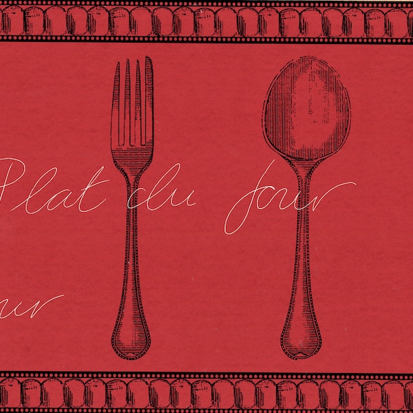 Kitchen Wallpaper Border, Katzenbach & Warren Black Outline of Cutlery set with French Plat Du Jour on Matte Red Kitchen Wallpaper Border