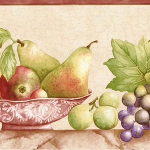 Tuscan Fruit Bowl Wallpaper Border 8 Inch Wide – Purple Green Brown Italian Kitchen Wall Decor Prepasted 15 ft