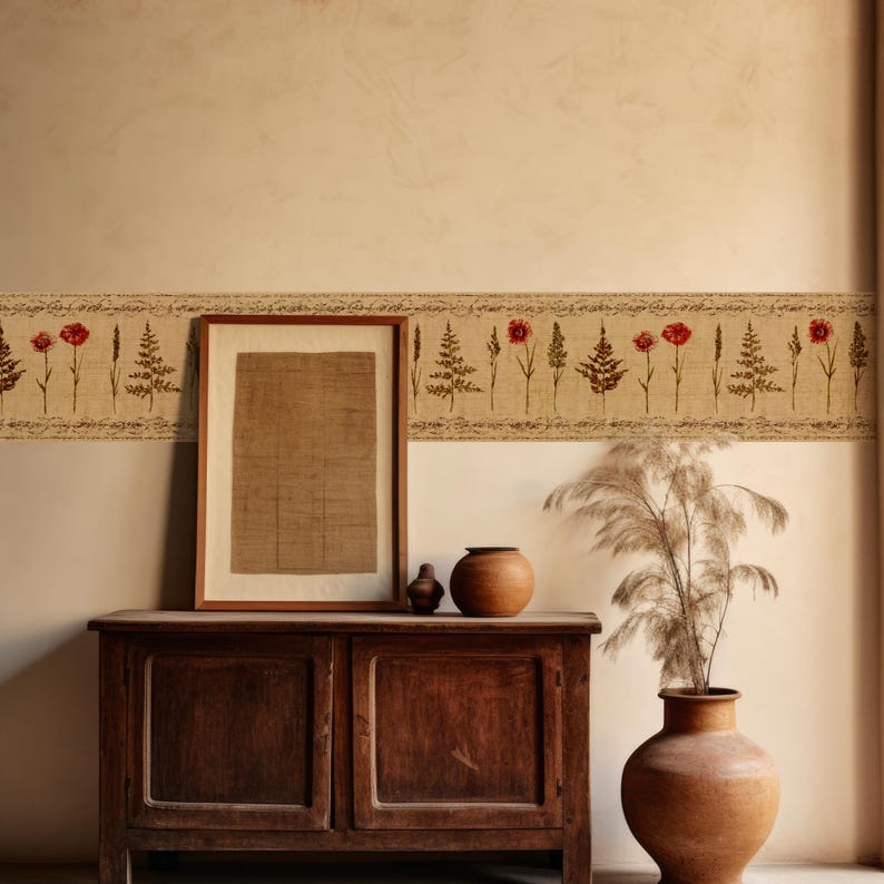 Botanical Wildflower Wallpaper Border 10.25 Inch – Vintage Floral - Red Daisy Wheat Herb & Scroll Design for Wall Decor, Pre-pasted image 4