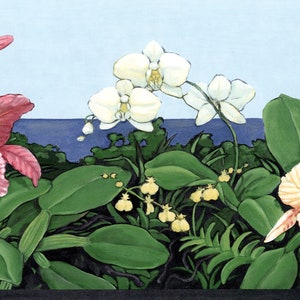 Aloha Tropische Küstentapete Bordüre | Tropische Blumen Hibiskus Orchidee grüne Blätter Tapetenbordüre | Vorgeklebt | 15' L x 26,6 cm B