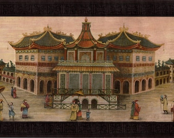 May include: A colorful painting depicting a traditional Chinese palace with red, green, and gold accents. People in traditional clothing are walking around the palace grounds.
